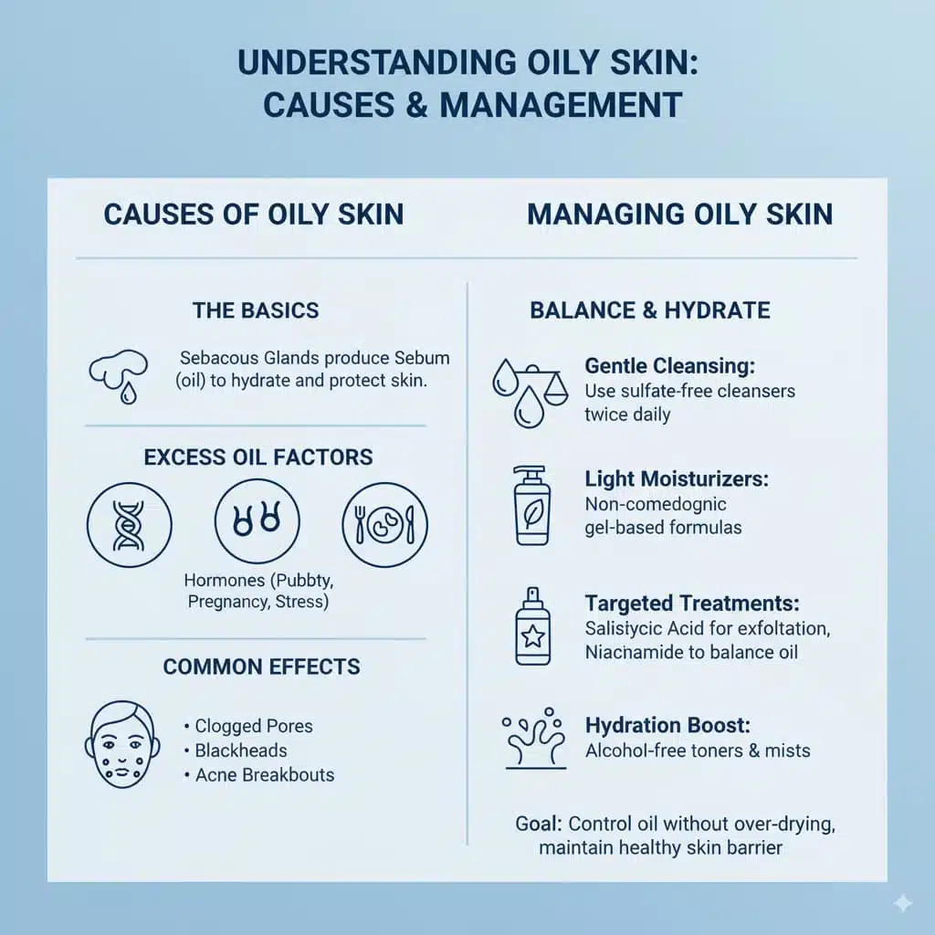 Infographic explaining oily skin, its causes like genetics and hormones, effects like blackheads and acne, and how to balance oil production with a good skincare routine