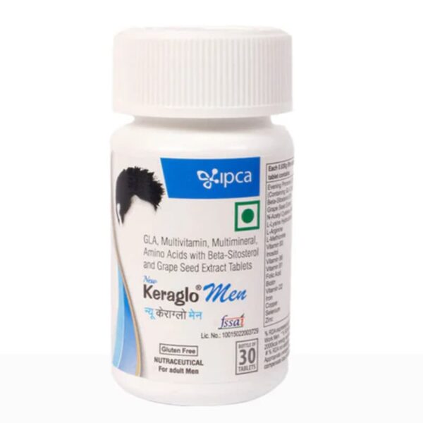 Keraglo Men hair health tablets, 30-count bottle, containing GLA, multivitamins, amino acids, beta-sitosterol, and grape seed extract. Gluten-free and nutraceutical for adult men