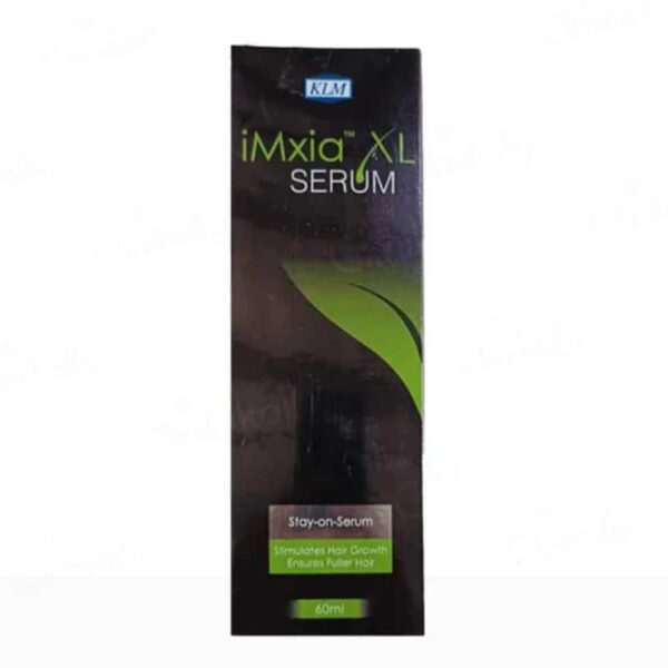 iMxia XL serum product box, 30 ml, designed to stimulate hair growth and ensure fuller hair. Stay-on serum for effective hair care.