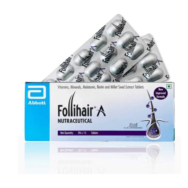 Follihair A NutraCeutical box with blister pack, containing 15 tablets of vitamins, minerals, melatonin, biotin, and millet seed extract for hair growth.