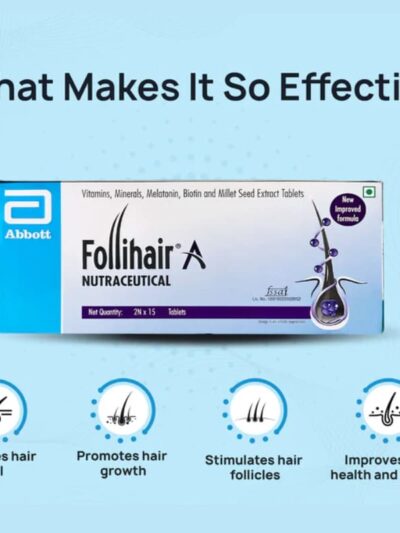 Follihair A NutraCeutical 15 tablet box, enriched with vitamins, minerals, melatonin, biotin, and millet seed extract for hair health. Reduces hair fall and promotes growth.