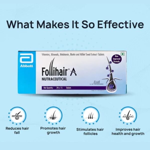 Follihair A NutraCeutical 15 tablet box, enriched with vitamins, minerals, melatonin, biotin, and millet seed extract for hair health. Reduces hair fall and promotes growth.