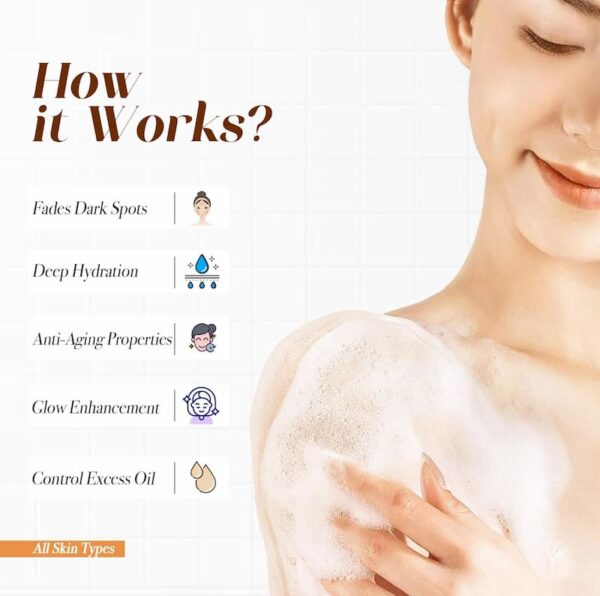 How Glutalight Skin Brightening Soap works: Fades dark spots, provides deep hydration, anti-aging properties, glow enhancement, and controls excess oil for all skin types