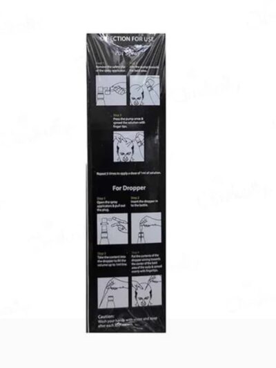 Instructions for using the hair solution, including steps for applying with a spray pump and dropper. Step-by-step guide for the correct application process.