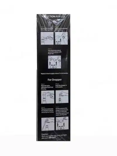 Instructions for using the hair solution, including steps for applying with a spray pump and dropper. Step-by-step guide for the correct application process.