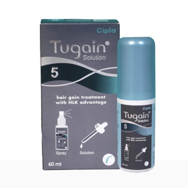 Tugain 5 hair gain solution 60 ml by Cipla, featuring both spray and solution applicators, designed for effective hair growth treatment with HLK advantage.