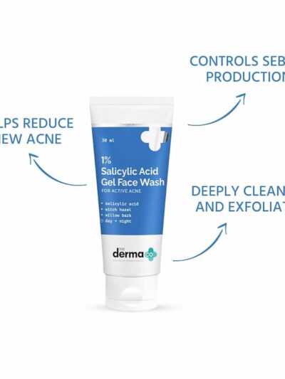 A tube of 1% Salicylic Acid Gel Face Wash, featuring key benefits such as reducing new acne and controlling sebum production
