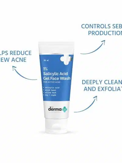 A tube of 1% Salicylic Acid Gel Face Wash, featuring key benefits such as reducing new acne and controlling sebum production