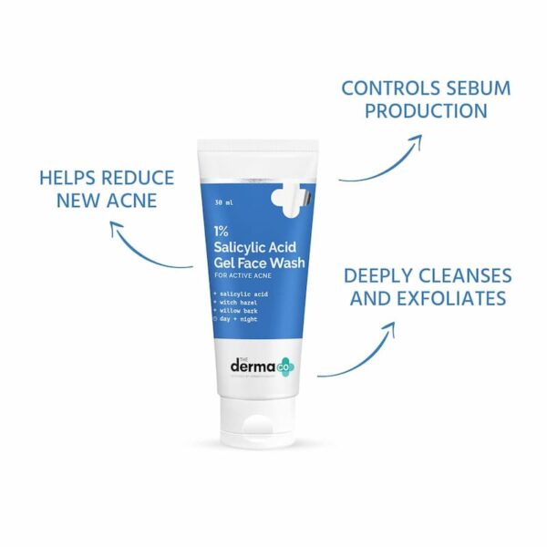 A tube of 1% Salicylic Acid Gel Face Wash, featuring key benefits such as reducing new acne and controlling sebum production