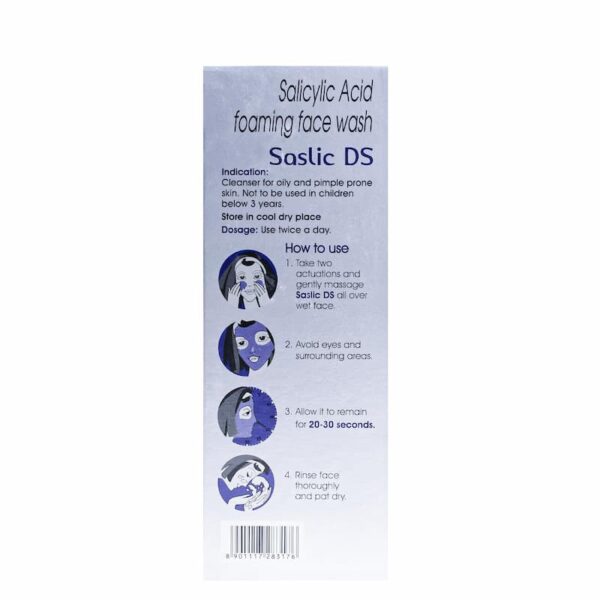 Instructions on how to use Saslic DS Salicylic Acid Foaming Face Wash for oily and pimple-prone skin, including dosage and application steps.