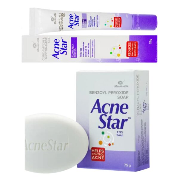 AcneStar Clindamycin Gel and Benzoyl Peroxide Soap – Reduces Acne and Whiteheads, Clinically Tested
