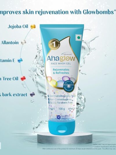 Ahaglow Advanced Face Wash Gel with ingredients like Jojoba Oil, Vitamin E, Tea Tree Oil, Allantoin, and Oak Bark Extract