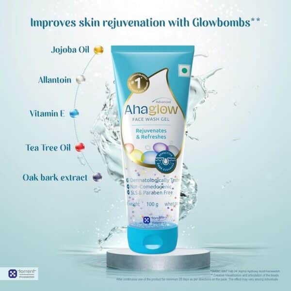 Ahaglow Advanced Face Wash Gel with ingredients like Jojoba Oil, Vitamin E, Tea Tree Oil, Allantoin, and Oak Bark Extract