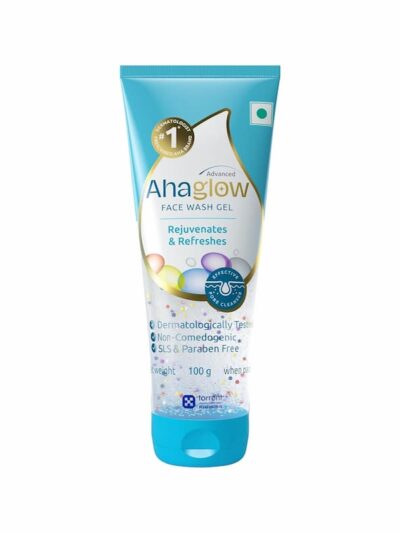Ahaglow Advanced Face Wash Gel tube with blue cap and colorful exfoliating beads