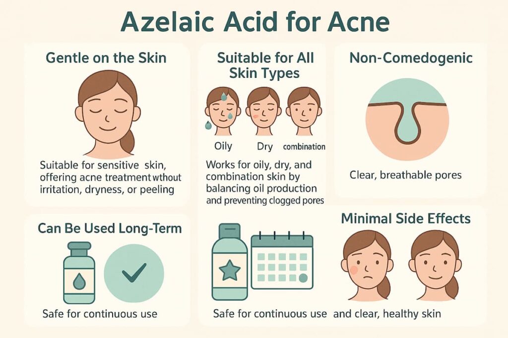 Infographic showcasing the gentle, non-comedogenic, and long-term benefits of Azelaic acid for acne treatment, suitable for all skin types