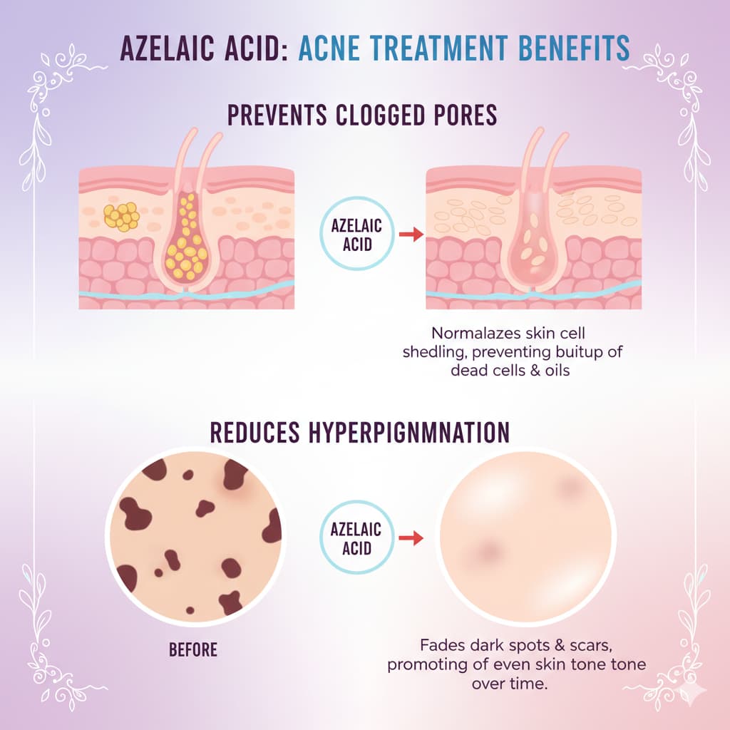 Infographic demonstrating how Azelaic acid prevents clogged pores and reduces hyperpigmentation, leading to clearer skin