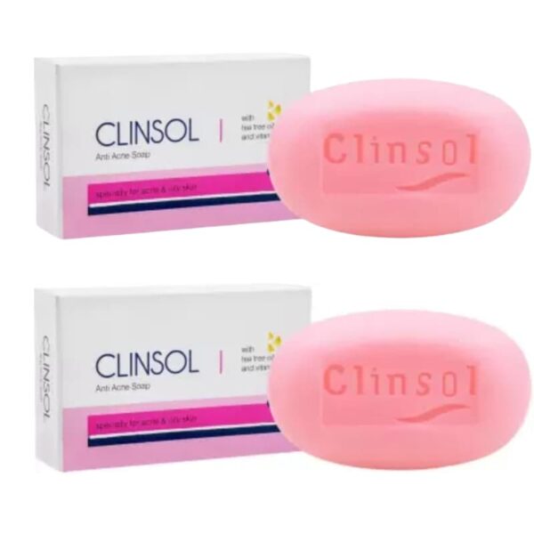 Clinsol Anti Acne Soap bar and packaging, specially formulated for acne-prone skin.