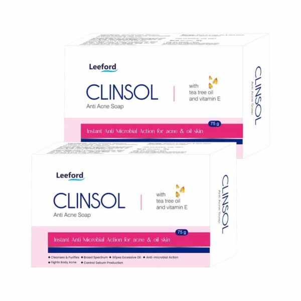 Clinsol Anti Acne Soap with tea tree oil and vitamin E packaging.