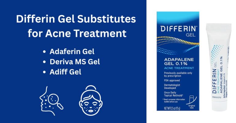 An informative image listing alternative gels for acne treatment, including Adaferin Gel, Deriva MS Gel, and Adiff Gel, alongside an image of Differin Gel packaging and illustrations of a face and skin treatment.