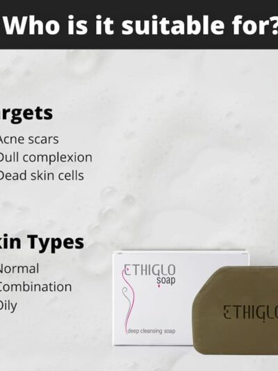Ethiglo Soap with packaging highlighting skin types and targets such as acne scars and dull complexion