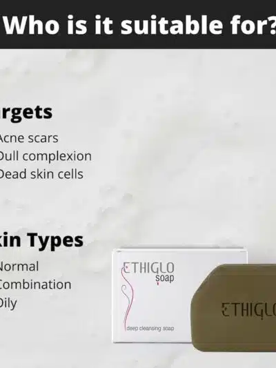 Ethiglo Soap with packaging highlighting skin types and targets such as acne scars and dull complexion