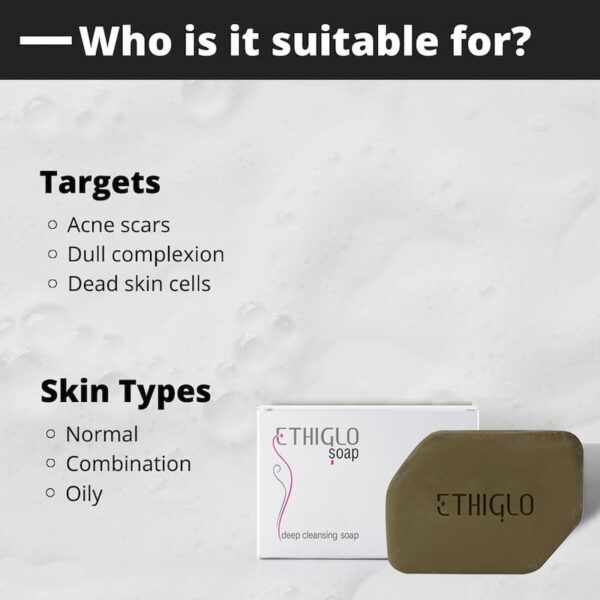 Ethiglo Soap with packaging highlighting skin types and targets such as acne scars and dull complexion