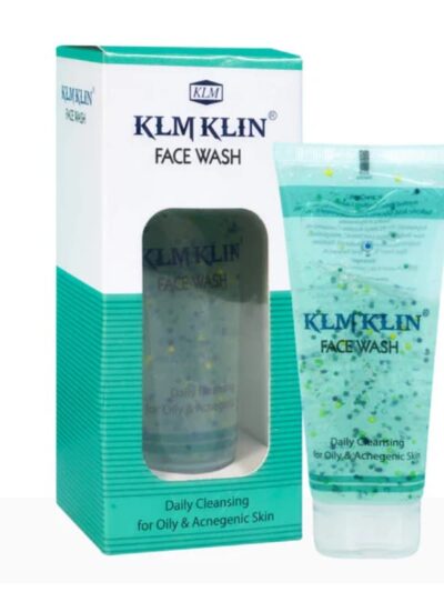 KLM Klin Face Wash tube with green gel and exfoliating beads beside its box packaging