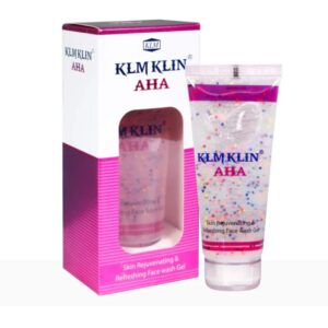 KLMKlin AHA face wash gel tube displayed beside its pink and white packaging box