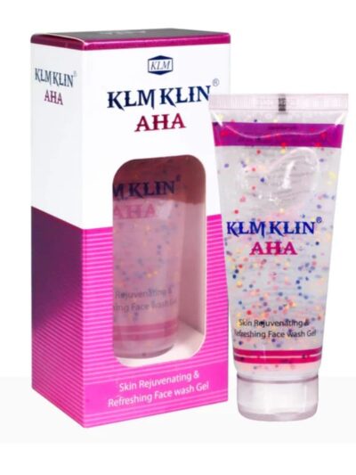 KLMKlin AHA face wash gel tube displayed beside its pink and white packaging box