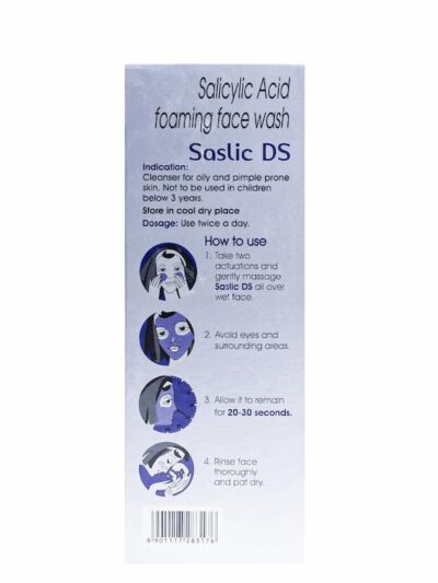 Instructions on how to use Saslic DS Salicylic Acid Foaming Face Wash for oily and pimple-prone skin, including dosage and application steps.