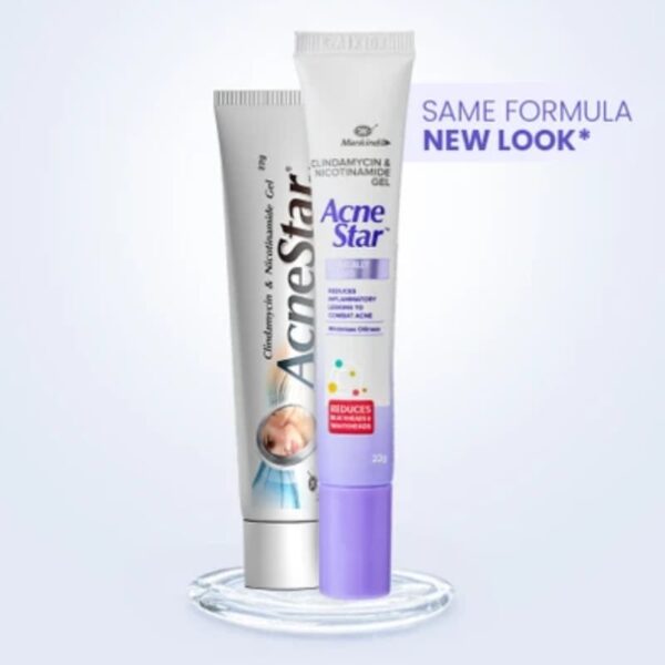 Acne Star Gel – Same formula, new look. Clindamycin & Nicotinamide Gel for acne treatment.