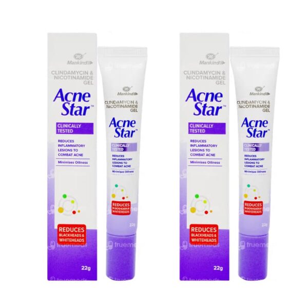 Acne Star Clindamycin & Nicotinamide Gel (22g) for reducing acne, blackheads, and whiteheads, clinically tested for oil control.