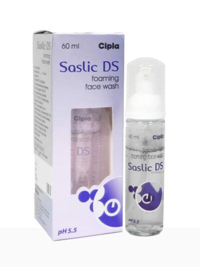 Saslic DS Salicylic Acid Foaming Face Wash 60ml packaging with detailed label information by Cipla.