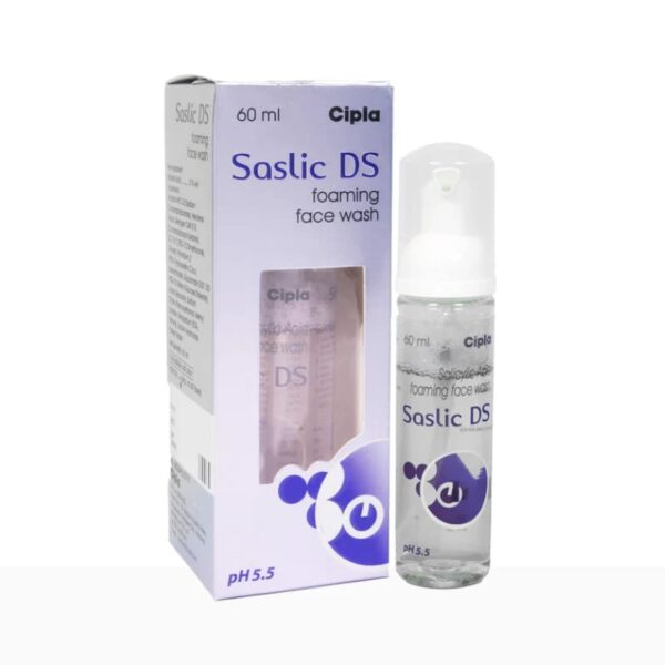 Saslic DS Salicylic Acid Foaming Face Wash 60ml packaging with detailed label information by Cipla.