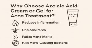 Infographic highlighting the benefits of Azelaic Acid Cream for acne treatment, featuring key points like reducing inflammation, unclogging pores, fading acne marks, and eliminating acne-causing bacteria, with an image of the product tube.