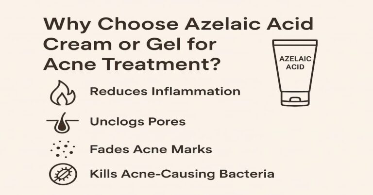 Infographic highlighting the benefits of Azelaic Acid Cream for acne treatment, featuring key points like reducing inflammation, unclogging pores, fading acne marks, and eliminating acne-causing bacteria, with an image of the product tube.