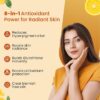 A woman posing with text highlighting 8-in-1 antioxidant skincare benefits such as reducing hyperpigmentation, boosting radiance, and improving skin clarity.