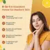 A woman posing with text highlighting 8-in-1 antioxidant skincare benefits such as reducing hyperpigmentation, boosting radiance, and improving skin clarity.