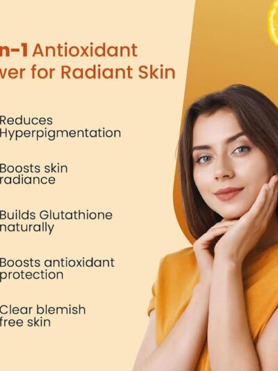 A woman posing with text highlighting 8-in-1 antioxidant skincare benefits such as reducing hyperpigmentation, boosting radiance, and improving skin clarity.