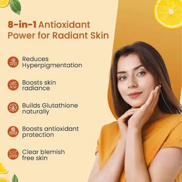 A woman posing with text highlighting 8-in-1 antioxidant skincare benefits such as reducing hyperpigmentation, boosting radiance, and improving skin clarity.