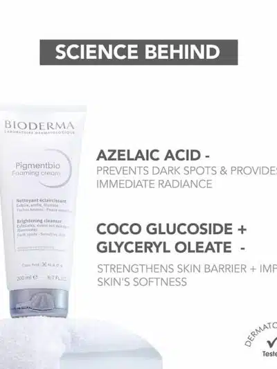 Ingredients of Bioderma Pigmentbio Foaming Cream featuring azelaic acid, coco glucoside, and glyceryl oleate.