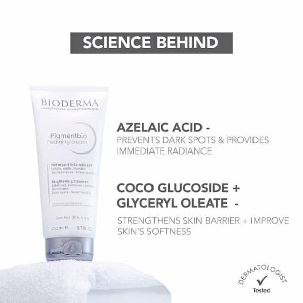 Ingredients of Bioderma Pigmentbio Foaming Cream featuring azelaic acid, coco glucoside, and glyceryl oleate.