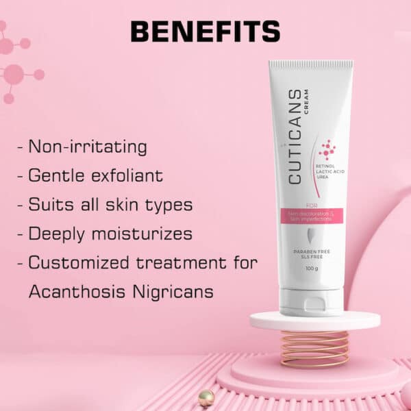 Cuticans Cream displayed beside benefits including gentle exfoliation, deep moisturization, suitability for all skin types, and treatment for acanthosis nigricans.