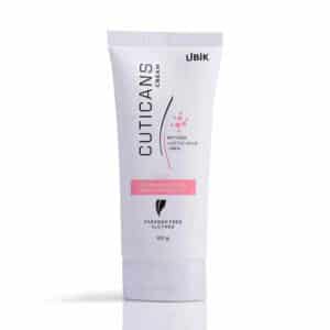 Cuticans Cream 100g tube containing retinol, lactic acid, and urea for treating skin discoloration and imperfections.