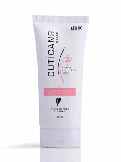 Cuticans Cream 100g tube containing retinol, lactic acid, and urea for treating skin discoloration and imperfections.