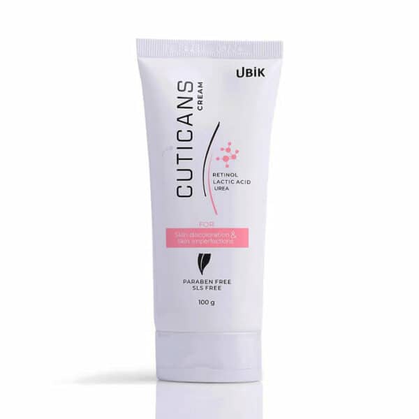 Cuticans Cream 100g tube containing retinol, lactic acid, and urea for treating skin discoloration and imperfections.