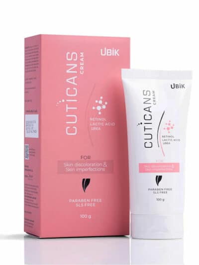 Cuticans Cream tube and box packaging showing formulation with retinol, lactic acid, and urea for skin discoloration and imperfections.