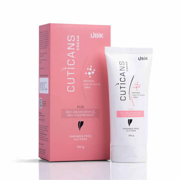 Cuticans Cream tube and box packaging showing formulation with retinol, lactic acid, and urea for skin discoloration and imperfections.