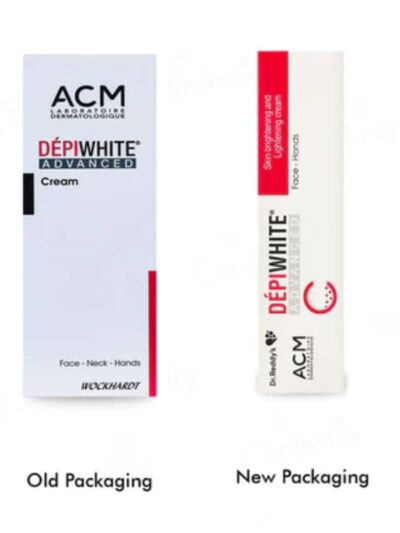Side-by-side comparison of Depiwhite Advanced cream showing old packaging versus new packaging by ACM Laboratoire Dermatologique.