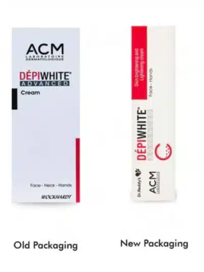 Side-by-side comparison of Depiwhite Advanced cream showing old packaging versus new packaging by ACM Laboratoire Dermatologique.